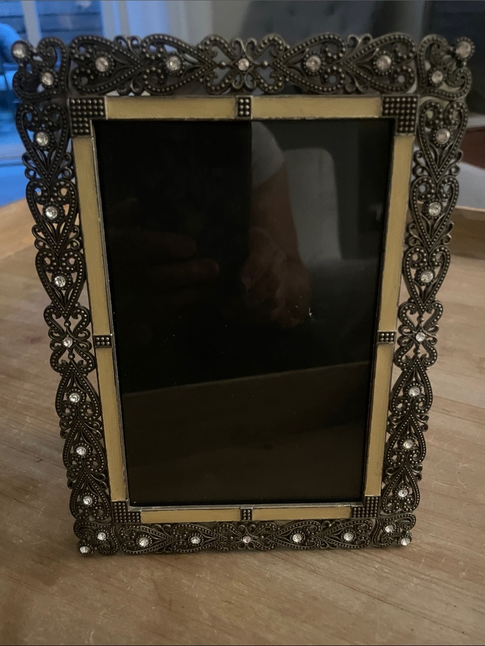 Ornate filagree Bronze Decorative Picture Frame with white rhinestones